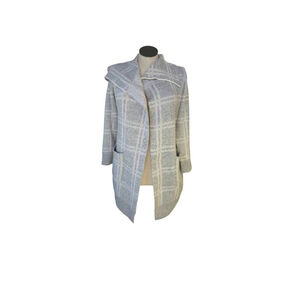 Greige Womens M Open Front Coatigan Gray Windowpane Plaid Long Layering Sweater